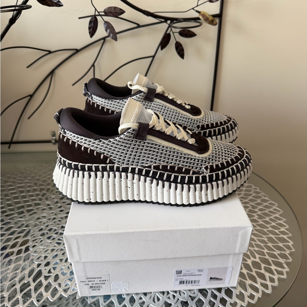 Chloe Nama Woven Stitch-Trim Platform Sneaker Size 38 White Black & Brown NIB - Picture 12 of 17